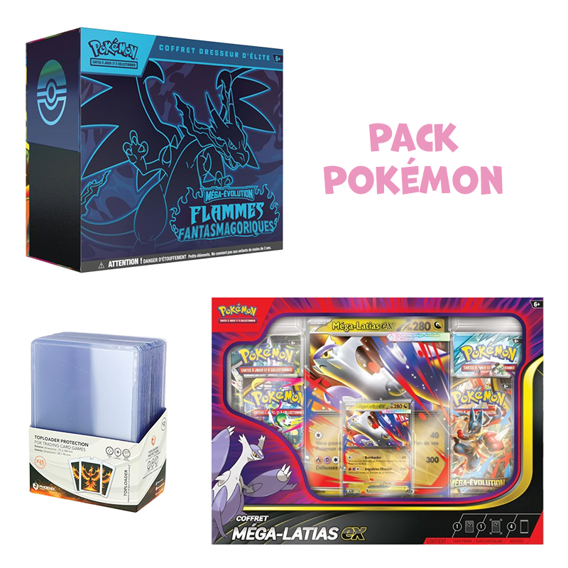 Pack Pokémon •  ETB ME2 Flammes Fantasmagoriques + Coffret Méga-Latias Ex + Toploader