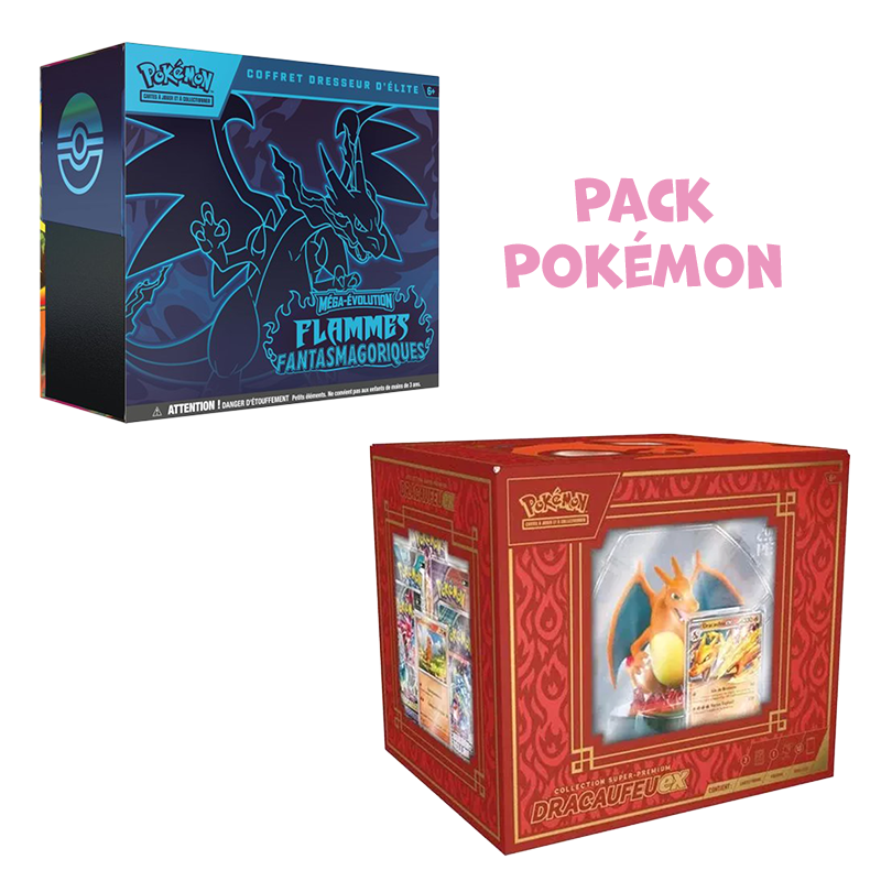 Pack Pokémon • Coffret Super Premium Dracaufeu-Ex avec figurine + ETB ME2 Flammes Fantasmagoriques