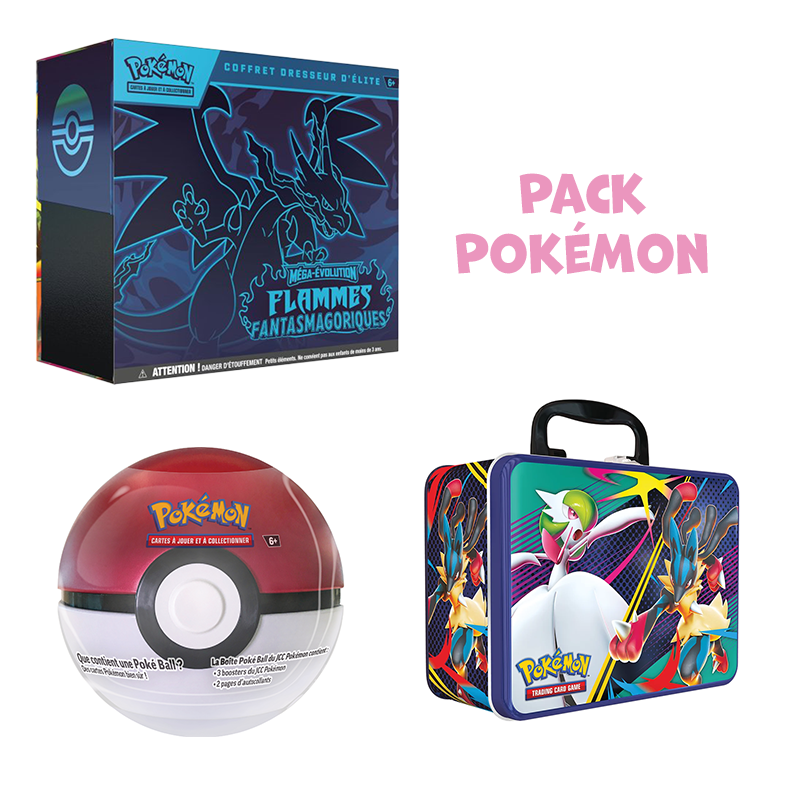 Pack Pokémon •  ETB ME2 Flammes Fantasmagoriques + Valisette Méga-Évolutions + Pokéball Tin 2025
