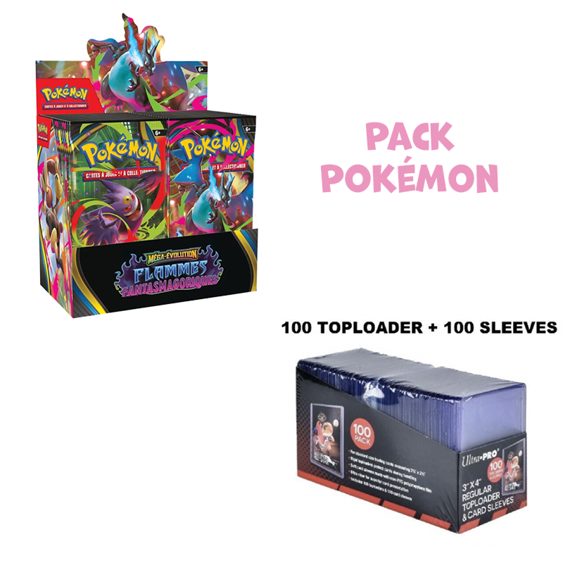 Pack Pokémon • Display ME2 Flammes Fantasmagoriques + Pack de 100 toploaders et sleeves ULTRA PRO regular