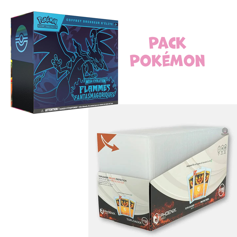 Pack Pokémon •  ETB ME2 Flammes Fantasmagoriques  + Pack toploader Phoenix Shield