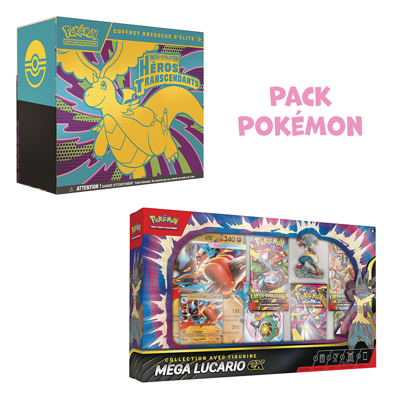 Pack Pokémon • ETB (⚠️ voir photos) ME2.5 Héros Transcendants + Coffret Figurine Méga-Lucario Ex