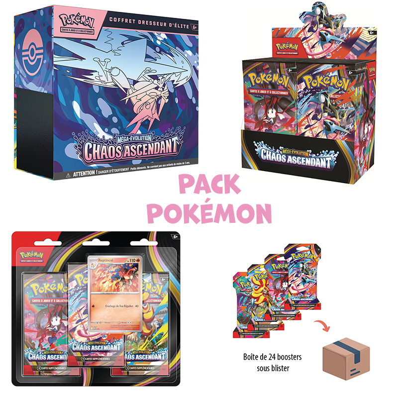[ Précommande ] Pack complet Pokémon ME4 Chaos Ascendant• Display + ETB + Tripack + boîte 24 boosters blister