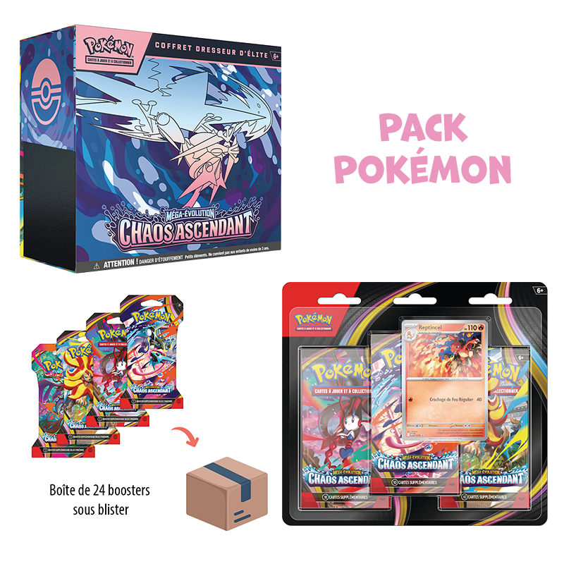 [ Précommande ] Pack Pokémon ME4 Chaos Ascendant• ETB + Tripack + Display 24 boosters sous blister