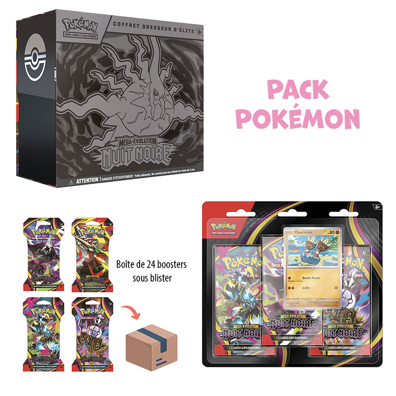 [Précommande] Pack Pokémon ETB + Tripack + Case 24 boosters blister ME5 Nuit Noire