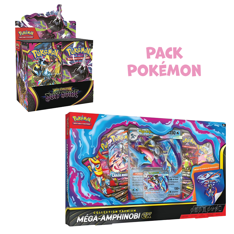 [ Précommande ] Pack Pokémon • Display de 36 boosters ME5 Nuit Noire + Coffret Méga-Amphinobi Ex