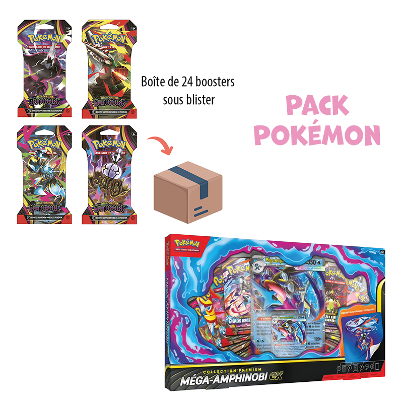 [ Précommande ] Pack Pokémon • Case de 24 boosters ME5 Nuit Noire + Coffret Méga-Amphinobi Ex