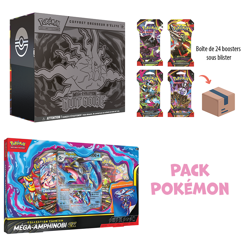 [Précommande] Pack Pokémon • ETB + Case 24 boosters ME5 Nuit Noire + Coffret Méga-Amphinobi Ex