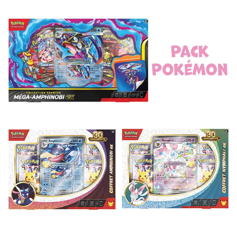 [Précommande] Pack Pokémon 30 ans • Coffrets Amphinobi-Ex + Nymphali-Ex + Coffret Méga-Amphinobi