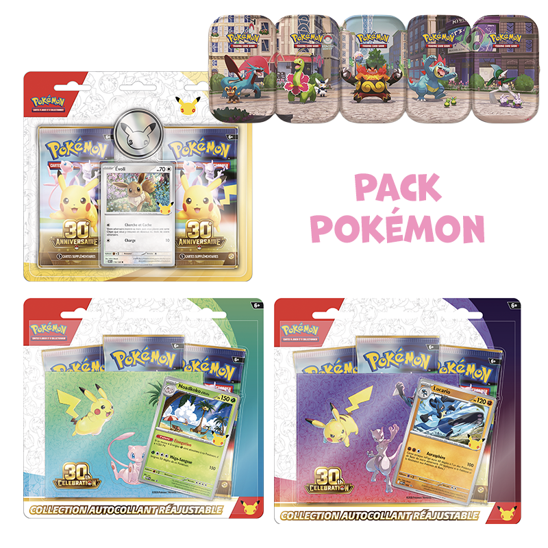 [Précommande] Pack Pokémon 30 ans • Tripack Lucario + Noadkoko d'Alola + Duopack Evoli  + Artset Mini Tin Illumis
