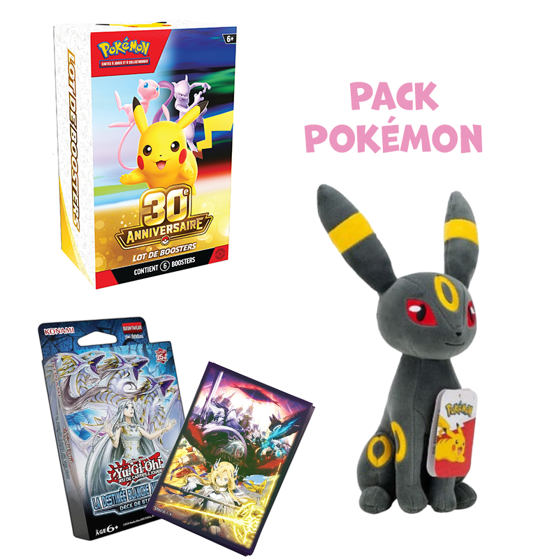 [Précommande] Pack Pokémon • Bundle 30e Anniversaire + Peluche Noctali 20cm + Deck & Sleeves Yu-Gi-Oh!