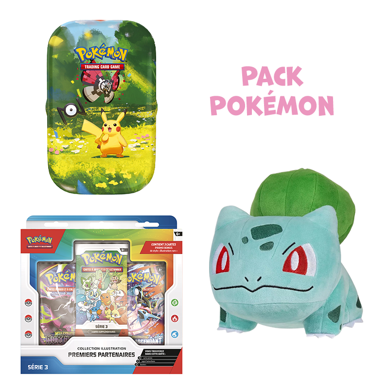 [Précommande] Pack Pokémon • Mini-tin 30 ans + Coffret premiers partenaires série 3 + Peluche Bulbizarre 30cm